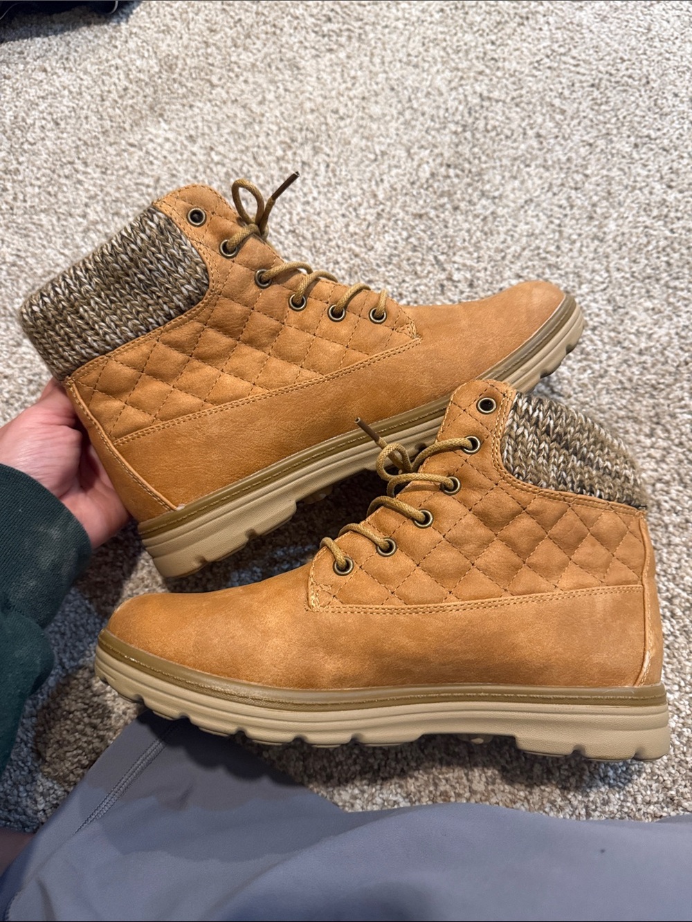 Global Win Quilted Lace-Up Ankle Boots in Tan with Knit Collar - Picture 5 of 6